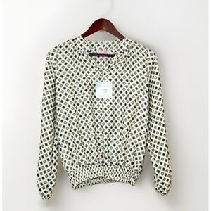 Cienna Women's Workwear Blouse Sz Small Cream w/diamond Geo Design Gathered Hem